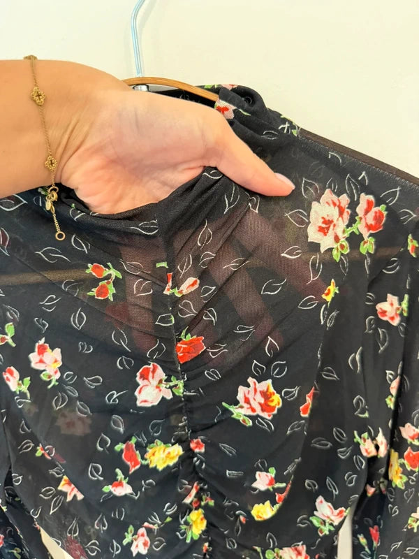 Veronica Beard Kanu Ruched Floral Mesh Top