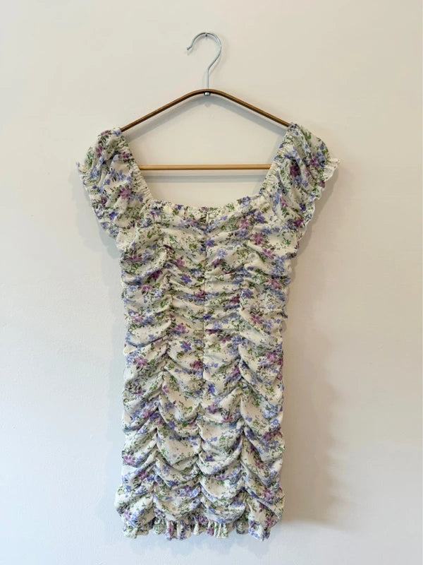 Lulus Love Bloom Cream Floral Print Ruched Off-the-Shoulder Mini Dress