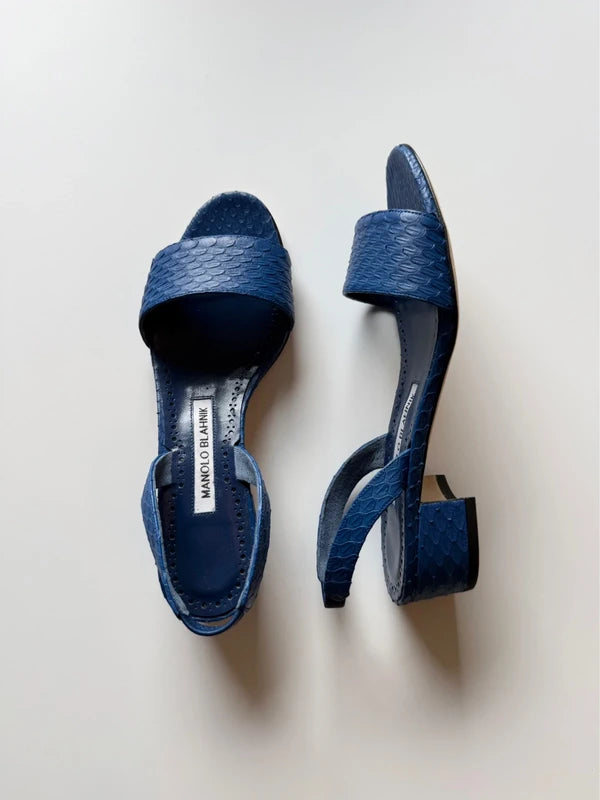 Manolo Blahnik Patopia Blue Snakeskin Slingback Sandals