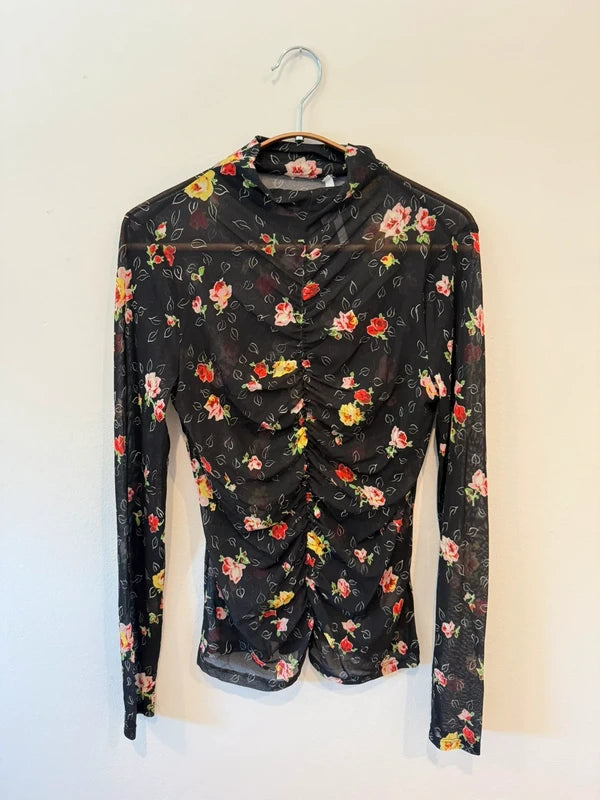 Veronica Beard Kanu Ruched Floral Mesh Top