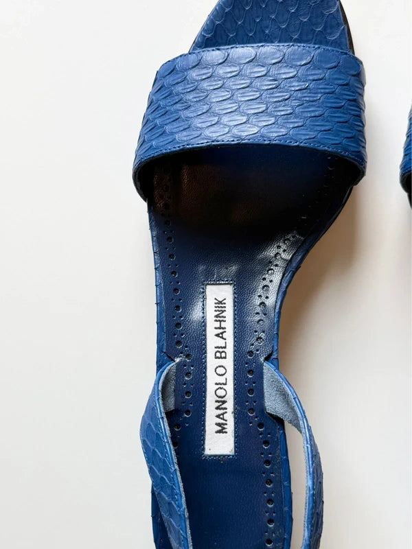 Manolo Blahnik Patopia Blue Snakeskin Slingback Sandals