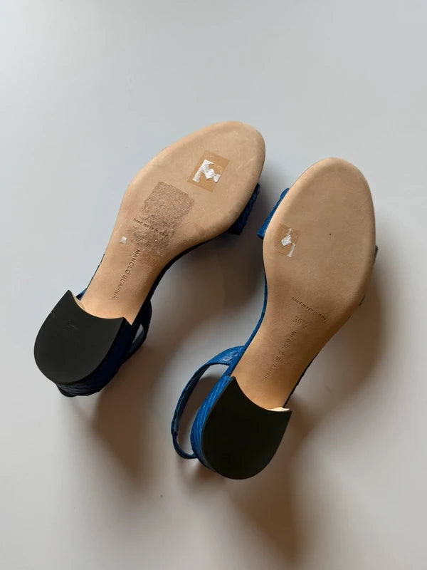 Manolo Blahnik Patopia Blue Snakeskin Slingback Sandals
