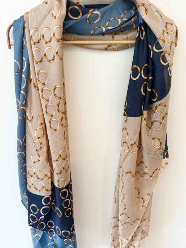 Silk Blue & Beige Scarf with Gold Hoops