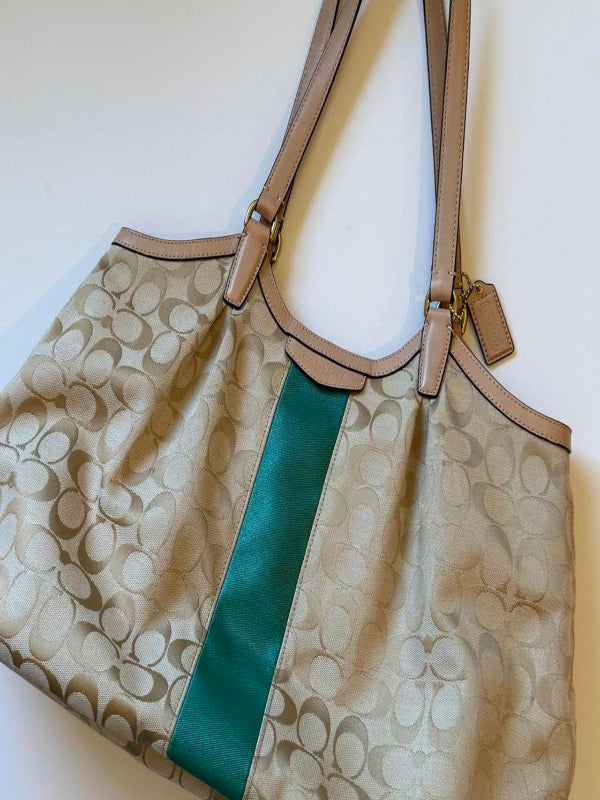 Coach Signature Khaki Emerald Stripe Devin Shoulder Bag