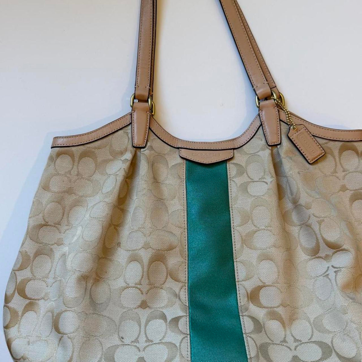 Coach Signature Khaki Emerald Stripe Devin Shoulder Bag