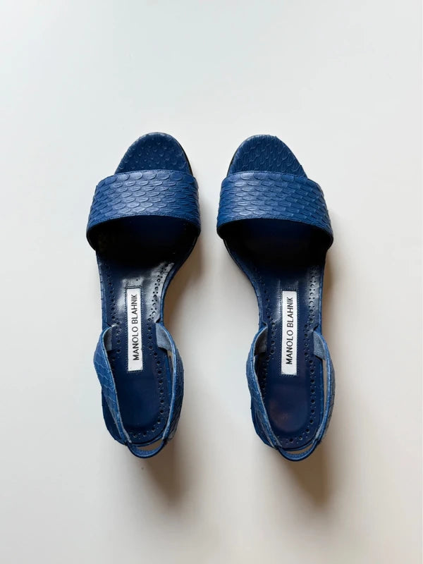 Manolo Blahnik Patopia Blue Snakeskin Slingback Sandals