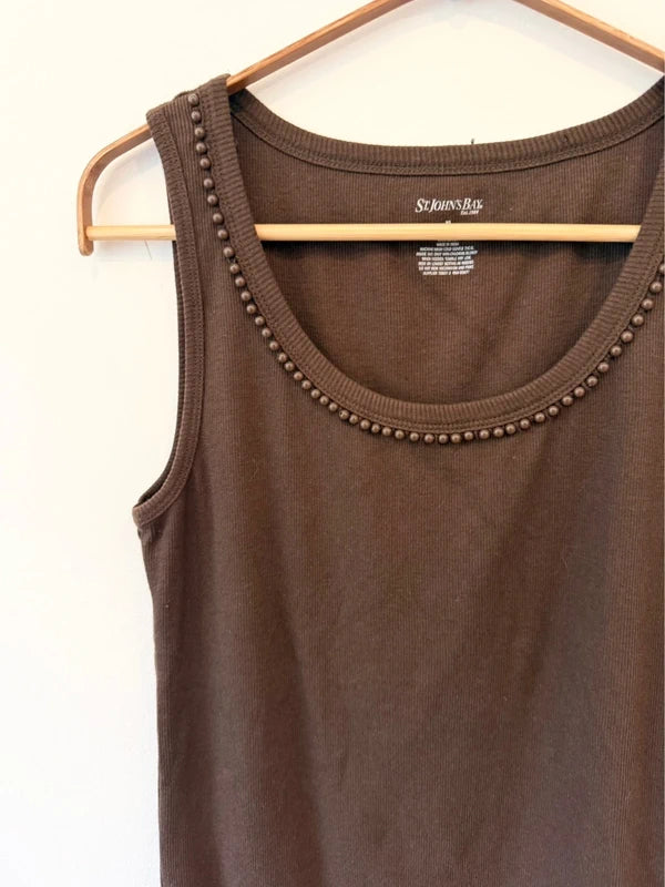 Brown Tank with Beaded Neckline