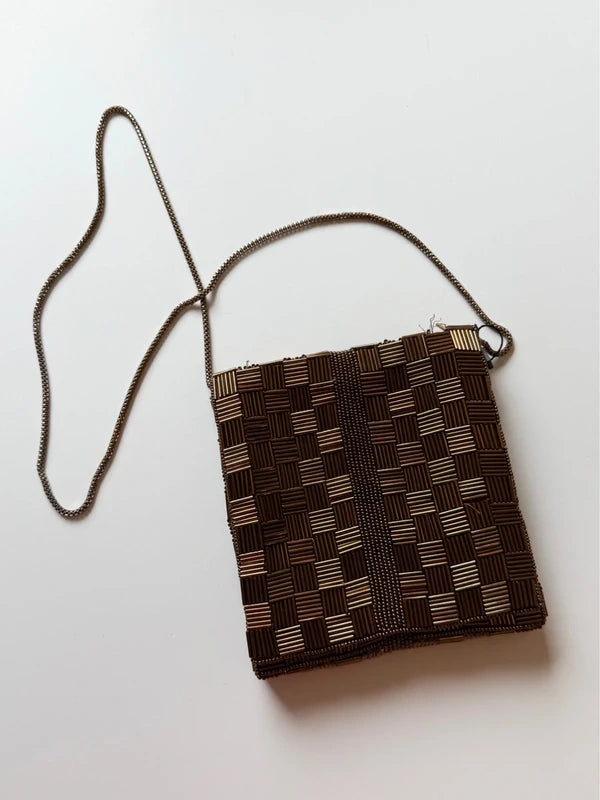 Vintage Walborg Bronze and Gold-Tone Art Deco Parquet Beaded Evening Bag