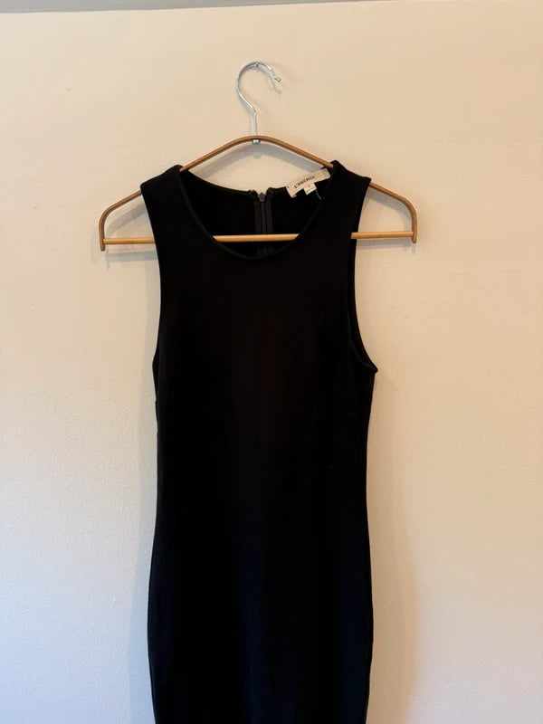 L’AGENCE Black Sleeveless Fishtail Ruffle Flare Midi Dress