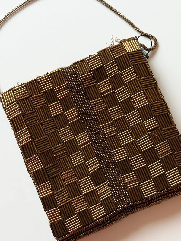 Vintage Walborg Bronze and Gold-Tone Art Deco Parquet Beaded Evening Bag