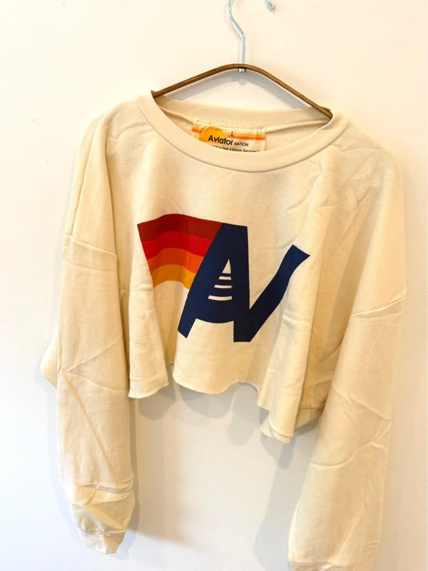 Aviator Nation Logo Cropped Crew Sweatshirt Relaxed