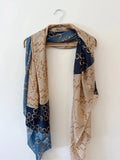 Silk Blue & Beige Scarf with Gold Hoops