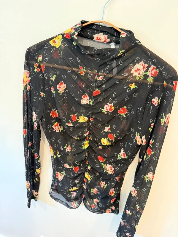 Veronica Beard Kanu Ruched Floral Mesh Top